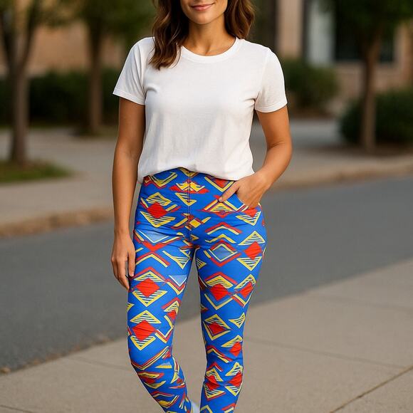 LuLaRoe Womens‎ Leggings One Size Blue Red Yellow Triangles Geometric Soft OS - Picture 1 of 8